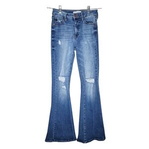 Kancan Womens High Rise Distressed Flare Jeans Medium Wash Ripped Knee Size 5/26